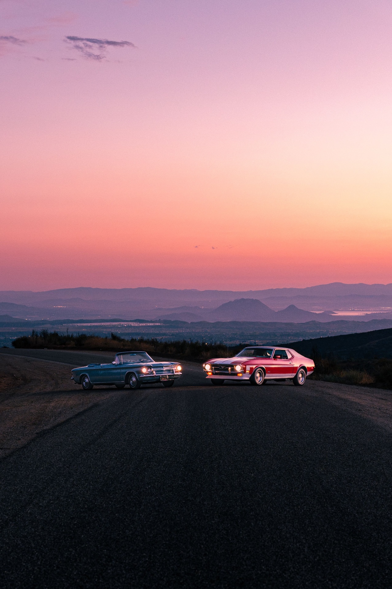 Classic cars meeting at sunset over the Beaumont hills